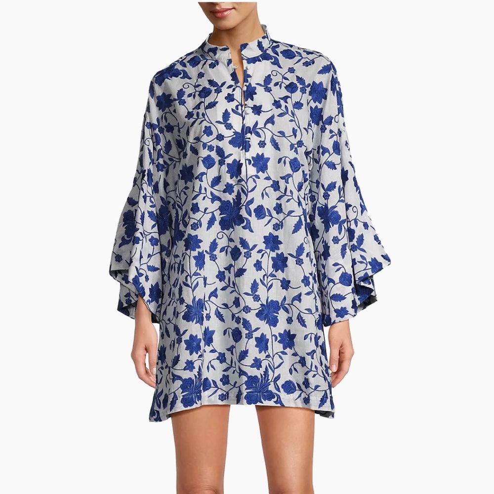 La Vie Style House NWOT Blue & White Embroidered Floral Mini Dress Caftan